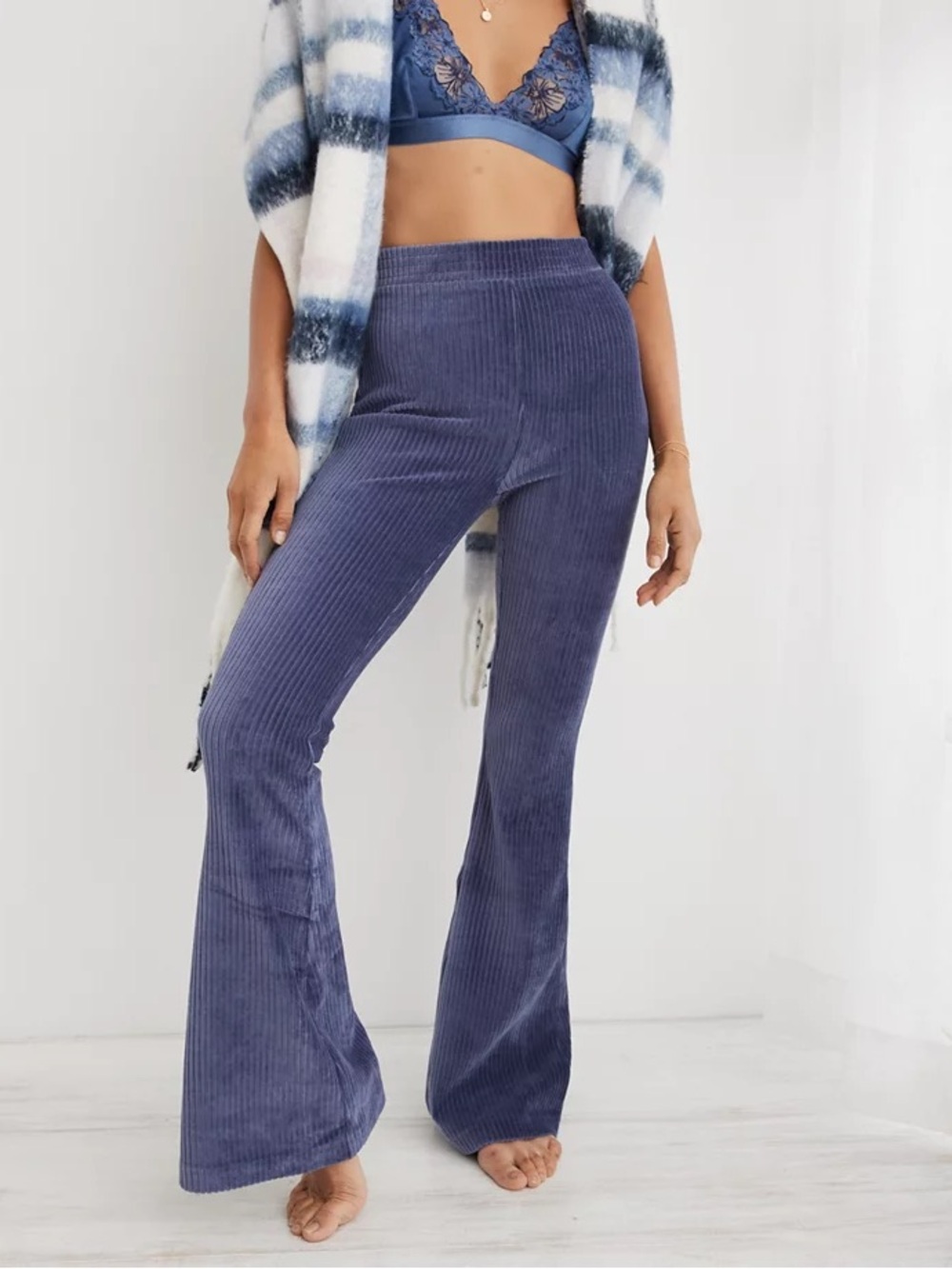 Aerie Groove-On Velour High Waisted Flare Pant Fresh Bright Blue Bell Bottom